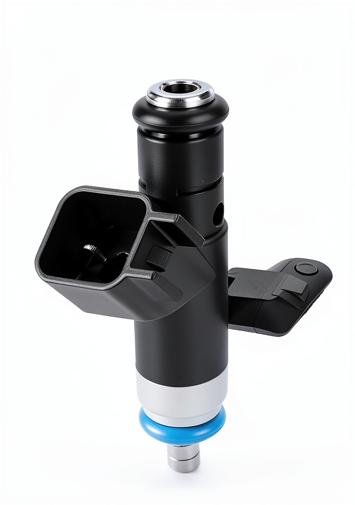 A-Premium stainless steel fuel injector displayed beside a Jeep engine