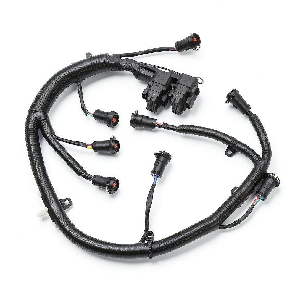 Gledewen injector wiring harness laid out on a workbench